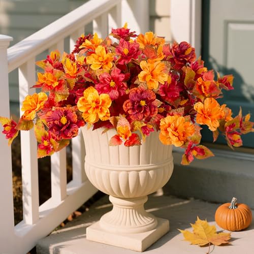 INXUGAO Fall Flowers Artificial for Outdoors Decoration, 2PCS Fake Fall Flowers for Outdoor Planters, Autumn Faux Hibiscus UV Resistant No Fade for Home Porch Patio Garden Balcony Yard Indoor Decor - color: Hibiscus Za-red Orange Yellow