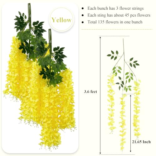 U'Artlines 24 Pack (Total 86.4 Feet) Artificial Fake Wisteria Vine Rattan Hanging Garland Silk Flowers String Home Party Wedding Decor (24,Yellow) - color: Yellow