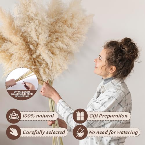 Pasuvsigt 12pcs 40'' Dried Pampas Grass Decor - Tall-Large Pampas Grass - Natural Beige - Boho Home Decor