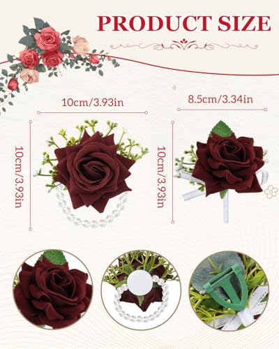 eZAKKA 2Pcs Wristlet Corsage and Boutonniere Set, Red Rose Boutonniere for Men, Flower Wrist Corsage Bracelets Decorations for Wedding Party Prom Suit - color: Red