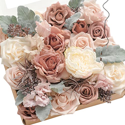 Ling's moment Fake Flowers Box, Faux Artificial Greenery Stems Foam Roses Silk Peonies Fabic Flower for Centerpieces Bouquet Wedding Vase Decorations, Dusty Rose & Cream & Flocked Leaves, Grand Combo - color: Pk-dusty Rose & Cream & Flocked Leaves, size: