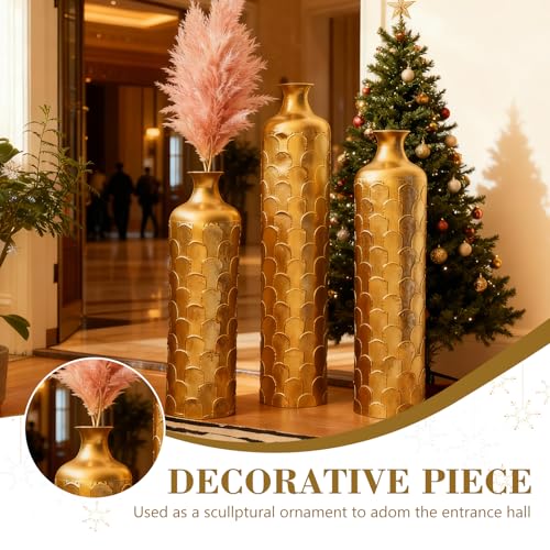 Tall Floor Vases Set of 3 for Decor Living Room Floor, Gold Vases Home Decor, Embossed Body Pattern,34.25" H/29.33" H/25.2" H Geometric Cylinder (Gold 9) - color: Gold 9