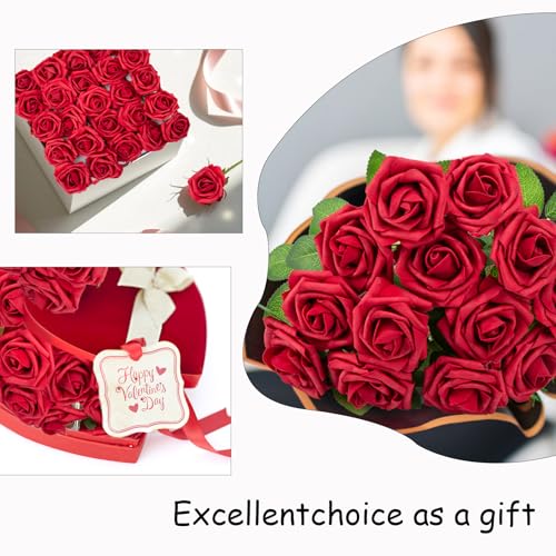 NONMON 100pcs Artificial Flowers Dark Red Rose Real Looking Fake Foam Roses with Stem for Valentine's Day DIY Wedding Bouquets Bridal Shower Centerpieces Arrangements Party Home Decorations - color: Red