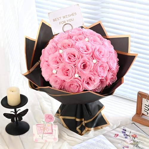 Waipfaru Pink Glitter Roses Bouquet, DIY Fake Flowers Bouquet, Artificial Rose Bouquet for Valentines, Anniversary, Engagement, Wedding, 24 Roses - color: Pink, size: 24pcs