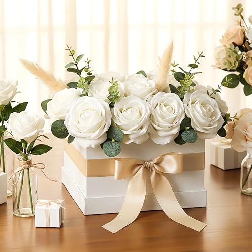 Auihiay 14PCS White Roses Artificial Flowers, Velvet Silk Faux Roses with Long Stems for Mother's Day, Wedding Centerpieces, Anniversary, Party, Home Decoration & DIY Floral Arrangement - color: White