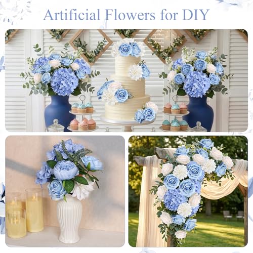 80Pcs Artificial Flowers Combo Set, Fake Silk Flowers Decor with Stems for DIY Roses Wedding Party Centerpieces Bridal Bouquets Cake Decorations Arrangements Indoor Outdoor(Blue) - color: Dusty Blue