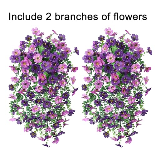 HyeFlora Artificial Flowers for Outdoors Decoration, 2Pcs Dark Purple and Purple Fake Hanging Flowers, UV & Fading Resistant, Faux Decor for Porch Patio Balcony Planter - color: Darkpurple+purple
