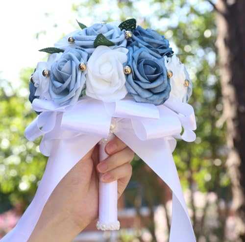 Handmade Wedding Bouquet Artificial PE Rose Bridal Bridesmaid Bouquet with Soft Ribbons Wedding Hand Holding Bouquet Artificial Fake Flowers Toss Bouquet(B-Light Blue & Blue & White, 7.9"/20cm) - color: B-light Blue & Blue & White, size: 7.9"/20cm