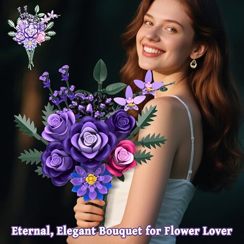 Purple Roses Flower Bouquet Building Sets, 834PCS Artificial Flowers Botanical Collection Compatible with Lego Flowers for Adults Gothic Decor, Valentines Day Gifts for Women Her Wife Girlfriend Mom