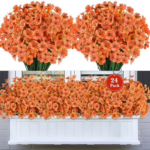 24 Bundles Artificial Fall Flowers for Outdoors, Realistic Fake Mums for Autumn Outside Decoration, Faux Orange Flowers for Planter, Window Box Porch Patio Decor - color: Orange, size: 24PCS