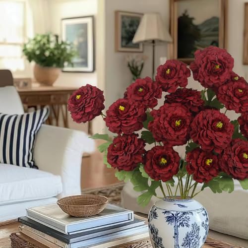 3 Pcs Artificial Flowers Spring Summer Red Zinnia Silk Flowers with Long Stems Zinnia Elegans Artificial Flowers for Outdoors Floral Arrangements Table Centerpieces Wedding Party Home Decor - color: Red