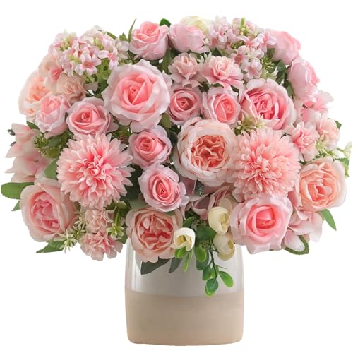 8 Pcs Mixed Artificial Peony Flowers Set-4 Bouquets & 4 Stems, Pink Fake Peony Rose Hydrangea Flowers for Vase Silk Floral Arrangements for Table Centerpiece Wedding Party Bridal Decoration Home Decor - color: Champagne Pink, size: Mixed 8pcs