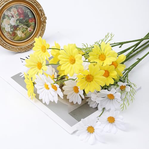 Artificial White Daisy Flowers, 6 Bundles 21” UV Resistant Outdoor Yellow and White Silk Daisies Flowers with Stems and Leaves Faux Greenery Shrubs Plants Arrangements for Home Garden Vase Decor