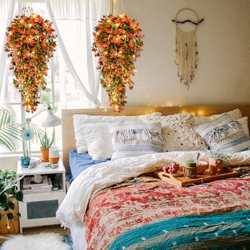 RECUTMS 2Pcs Artificial Fall Hanging Flowers for Outdoor Faux Fall Hanging Plant with 30 LED Fairy String Lights Fake Greenery Vines for Autumn Outdoor Front Porch Thanksgiving Decor(Autumn Red) - color: Lights Autumn Red-rose