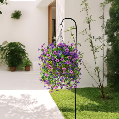 INQCMY Artificial Faux Hanging Flowers Plants Basket for Outdoor Outside Spring Summer Decoration,UV Resistant Fake Silk Daisy in Planter Resistant Look Real for Home Porch Balcony Patio Yard Decor - color: Double Purple
