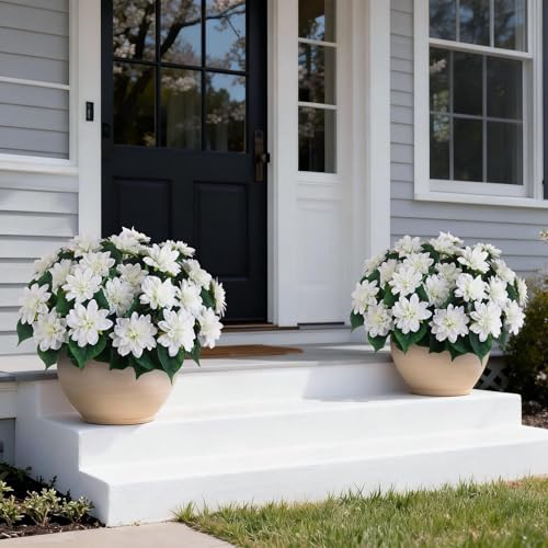 2 Set of Artificial Dahlia Topiary Ball Trees - Fake Silk Dahlia Flower Bushes, UV Resistant Faux Floral Shrub Potted for Front Door Porch Farmhouse Wedding Outdoor Decor (White) - color: White