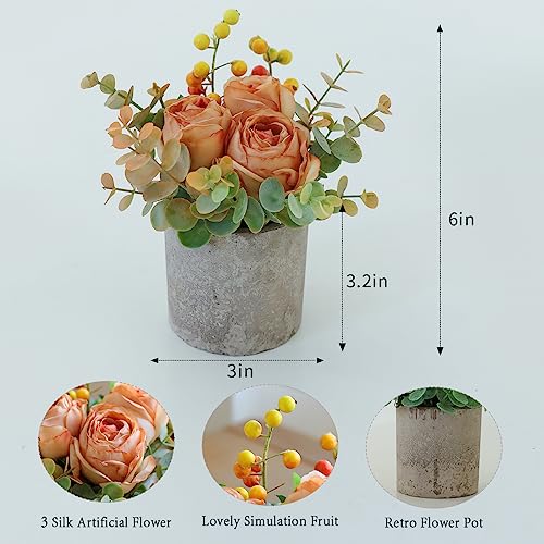 Small Artificial Burnt Orange Rose Potted Plant, 6" Fake Silk Flowers in 3" Cylindrical Pot, Mini Faux Floral Arrangement for Desk Shelf Bathroom Decor - color: Burnt Orange