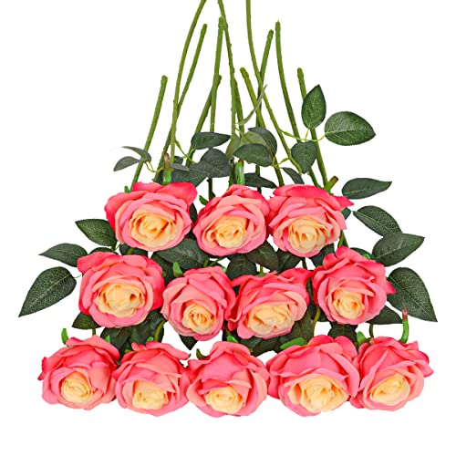 Tifuly Pink Roses Artificial Flowers -12 pcs Realistic Single Long Stem Fake Silk Roses Bouquet for Party Home Wedding Centerpiece Office DIY Decor - color: Gradient Pink