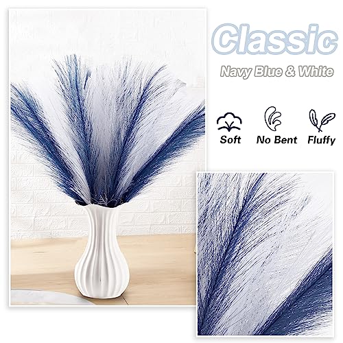 Blue and White Pampas Grass Decor, 30 Pcs 17" Faux Pampas Grass Short Decor, Pompas Grass Flower Arrangement and Vase Filler for Boho Home Wedding Decoration - color: Navy Blue& White, size: 17'' Tall