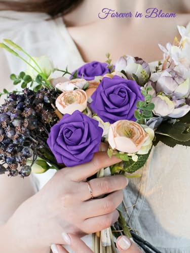 MACTING Purple Artificial Flowers 30PCS Fake Roses with Stem Real Touch Soft Foam Roses for Mothers Day DIY Wedding Bouquet Table Centerpieces Party Bridal Shower Home Summer Decorations - color: Purple-1, size: 30PCS