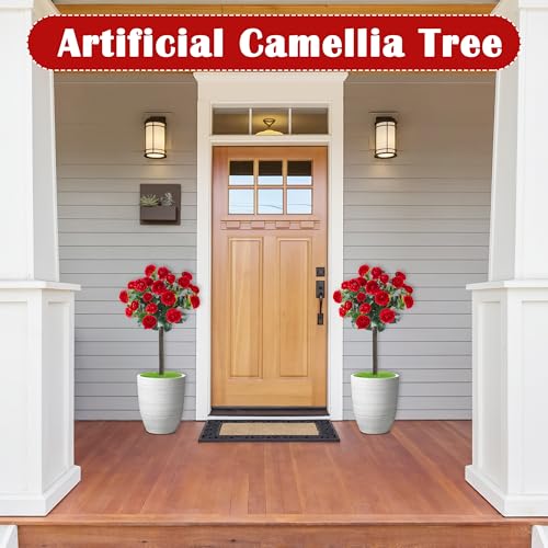 Sunnyglade 35.5" Set of 2 Artificial Camellia Tree, Faux Red Camellia Flowers Plant with Spike Fake Silk Flora Topiary Plants Tree for Indoor, Garden, Yard, Porch, Patio Decoration (Red) - color: Red