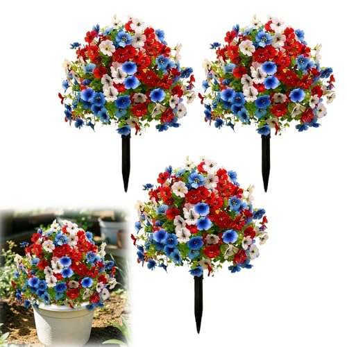 Artificial Petunias with Ground Stake - UV Resistant & Waterproof Faux Flowers for Outdoor Indoor Garden, Yard, Planter, Porch & Home Decor (Style E, 3 Pcs) - color: Style E , 3 Pcs