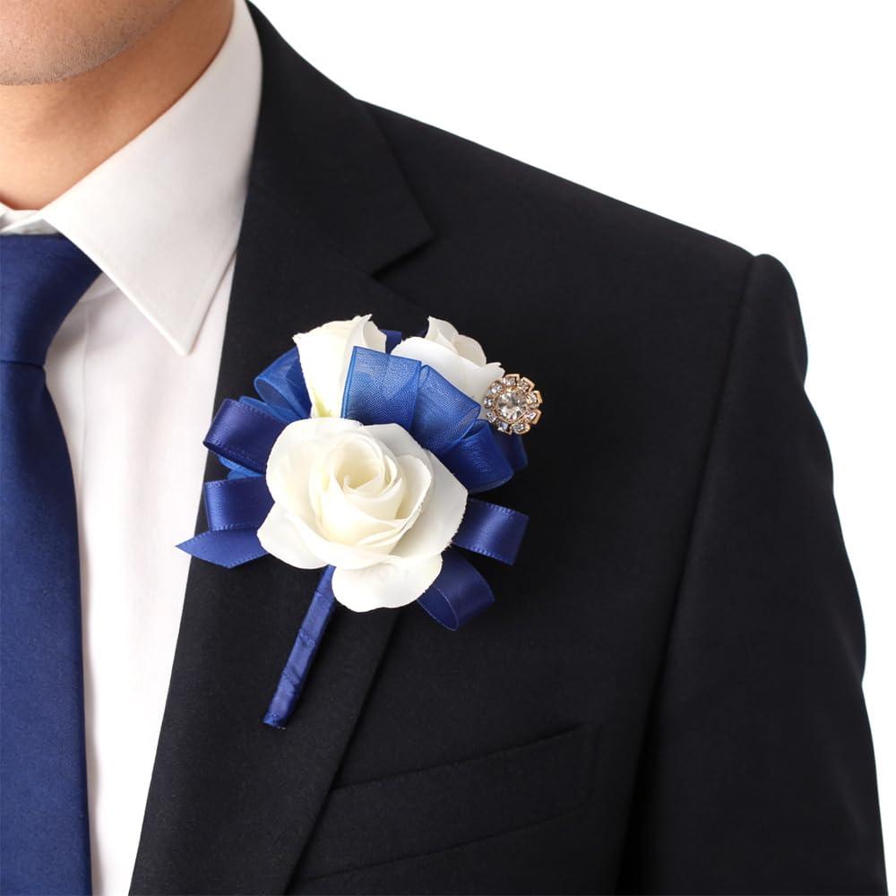 Wrist Corsage and Boutonniere Set Ivory Rose Corsage Wristlet for Homecoming Wedding Party Groom Bride Artificial Flower (Blue and Ivory) - color: Blue and Ivory