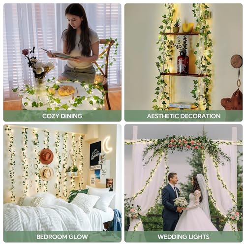 HEYFUNi Ivy Vines with Fairy Lights with Remote, 23 Ft 73 led Artificial Green Leaf String Lights USB/Battery Operated, Fake Vines for Bedroom Wall Aesthetic, Dorm, Room Decor, Warm White - color: IVY- Remote, size: 73 LED-USB & Battery