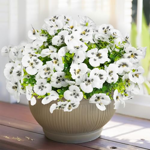 SupBri 12 Bundles Artificial Flowers for Outdoor, UV Resistant Fake Pansy Flowers, Silk Faux Fowers for Outdoor Planters Home Garden Office Patio Front (White) - color: White