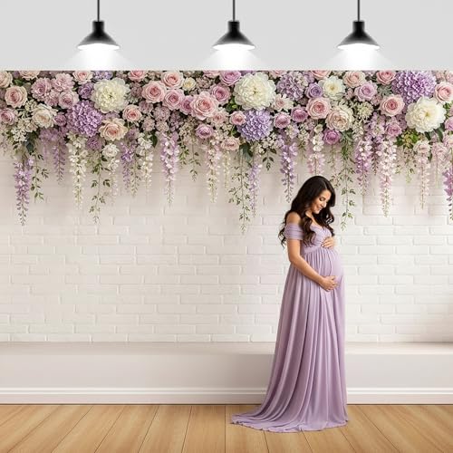 JAWO 5X3ft Floral Brick Wall Backrop Pink Purple Rose Hydrangea Hanging Vine White Brick Wall Photography Backdrop Wedding Bridal Baby Shower Birthday Anniversary Party Decor Photo Booth Prop - color: Purple2, size: 5X3