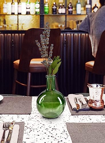 Serene Spaces Living Green Bottleneck Bulb Glass Vase, Vintage Round Flower Vase for Console Table, Shelf, Living Room, Bathroom, Office, Wedding, Measures 5.3" Diameter & 7.48" Tall, Pack of 16 - color: Green, Set of 16