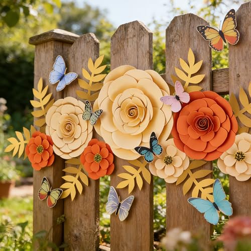 PAPER JAZZ Spring Artifical Paper Flowers Decorations for Wall, Orange Bulletin Board Decorations for Classroom, Flower Window Clings for Wedding Party,Tea,Baby Shower. - color: Dahlias