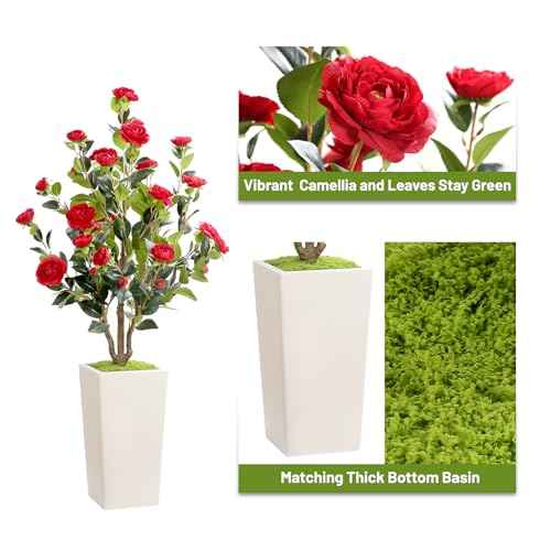 Romantic Season 4FT Artificial Camellia Tree with White Tall Planter, Red Faux Camellia Plant Flower Tree for Modern Home Office Living Room Floor Décor Outdoor Indoor，Red - color: Red
