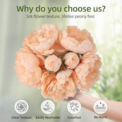 Champagne Peonies Artificial Flowers in Vase, Silk Faux Peony Fake Flower Arrangements with Glass Vase and Faux Water for Home Decor Wedding Bouquets Table Centerpieces, Set of 7 - color: Peony Vase With Faux Water, size: Champagne