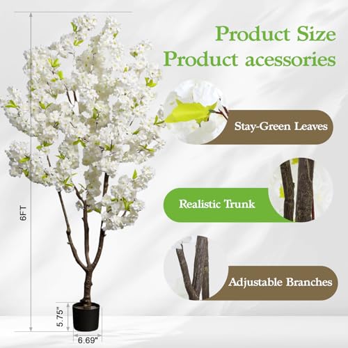Faux White Cherry Blossoms Tree 6FT Flowering Tree Artificial Cherry Blossom Tree for Bedroom Home Christmas New Year Decor - color: White-ap23