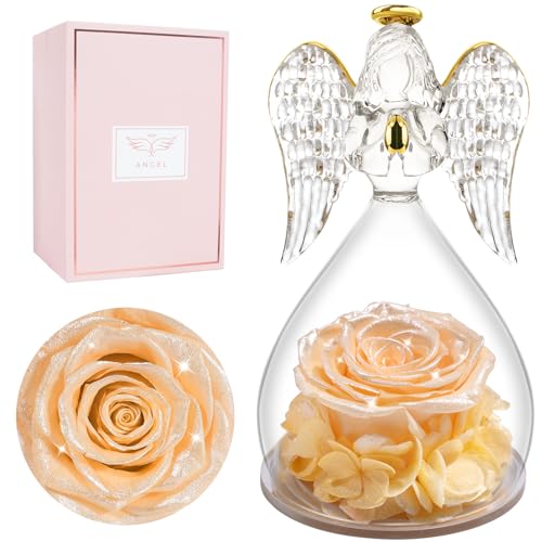 Miofula Gifts for Mom Birthday Gifts for Women, Preserved Flowers Rose in Glass Angel Figurines, Fresh Flowers for Delivery Anniversary Forever Real Roses Gifts for Mothers Grandma Her Wife Girlfriend - color: Pearlescent Champagne