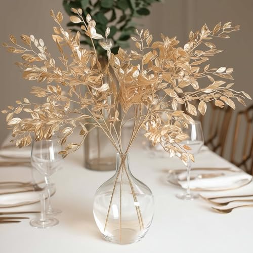 Efavormart 4 Pack 33 inch Metallic Gold Artificial Italian Ruscus Leaves Stems, Tall Plastic Greenery Branches for Stately Vase Fillers and Floral Centerpieces - color: Type12