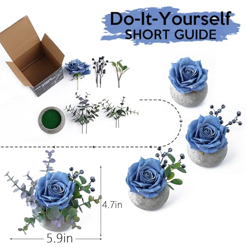 mizii DIY Small Artificial Flowers Potted Kit Fake Flower Realistic Silk Rose and Greenery with Vase for Gifts Table Centerpiece Mantle Office Desk Shelves Living Room Decorations (Navy Blue) - color: Navy Blue