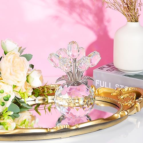 Clear Rose Flower Crystal Figurine with Vase, Bouquet Flowers Ornament Gifts for Wife Girlfriend Women, Handmade Crystal Flower Collectible Home Table Decor for Valentines Day Wedding Anniversary - color: Clear-crystal Rose