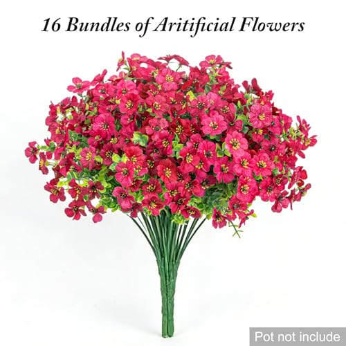 Artificial Flowers for Outdoors Decoration for UV Resistant Silk,16 Bundles | Artificial Violet Flowers for Outdoor Decor, Realistic Fake Plants for Porch,Garden,Window Box,All Rose Red - color: Rose Red