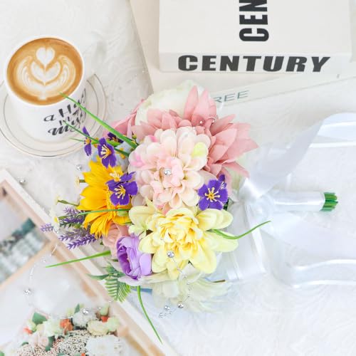 Wedding Bouquets for Bride Bridesmaid 8.5 Inch Pre-Made Spring Artificial Roses Flowers Bridal Bouquets for Bride Vintage Wedding Marriage Proposal Party Church Decoration - color: Wildflower