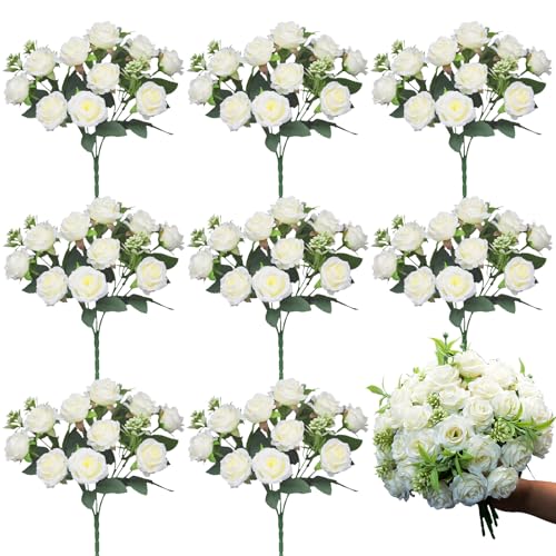 8 Pack Rose Artificial Flowers Bouquet, 10 Small Silk Rose Heads Per Pack, Fake Roses Bunches for Wedding Table Centerpieces Bridal Bouquet Mother's Day Valentine's Day Home Decor, White - color: Milk White