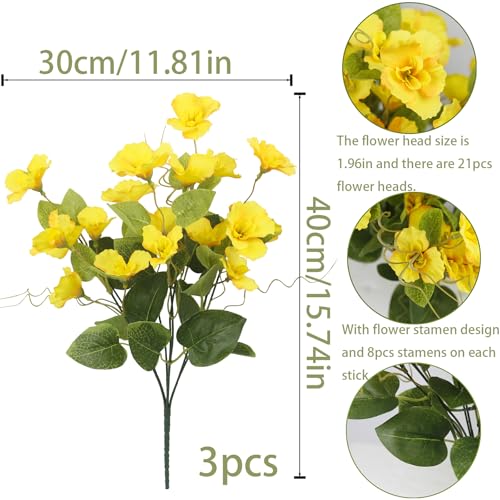 3 Pcs Artificial Flowers for Outdoors Hibiscus Spring Summer Decor Yellow Artificial Tropical Flowers Realistic UV Resistant Silk Hibiscus Flowers for Outside Planter Front Door Porch Patio - color: Yellow
