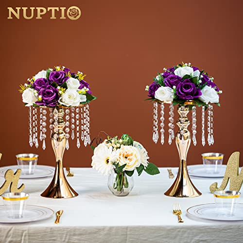 Nuptio 2 Pcs Versatile Metal Flower Arrangement Stand, 13.8in/35cm Height Elegant Wedding Centerpieces Flower Vase, Crystal Flower Stand for Wedding Party Dinner Event Restaurant Hotel Decoration - color: Gold, size: 2 x M