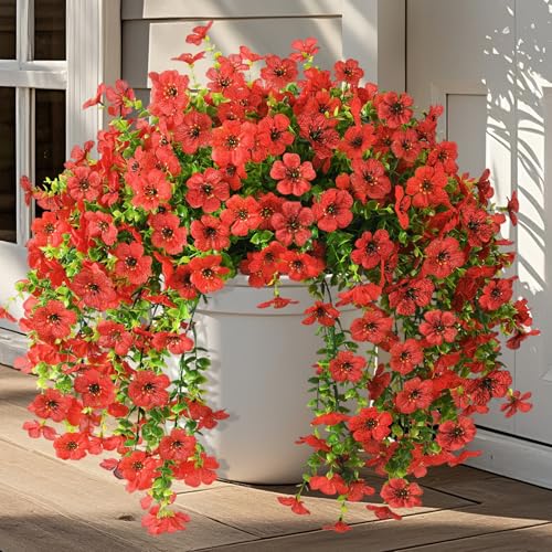 INQCMY 2Pcs Artificial Fake Hanging Flowers for Outdoors UV Resistant Artificial Plants for Spring Summer Decor Look Real Faux Flowers for Outside Home Planter Porch Patio Decor - color: Red