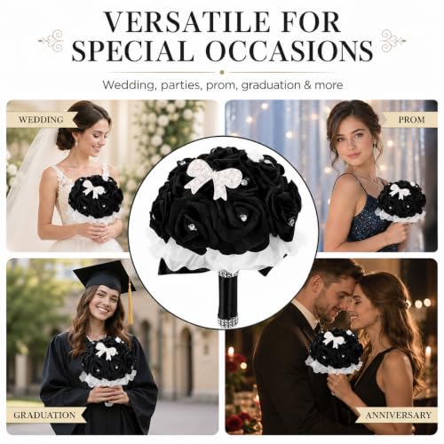 MAGICLULU Elegant Black Bridal Wedding Bouquet with Chic Artificial Foam Flowers, Artificial Holding Flowers for Brides and Bridesmaids, Ideal for Weddings, Parties, 9.44X6.29X6.29in