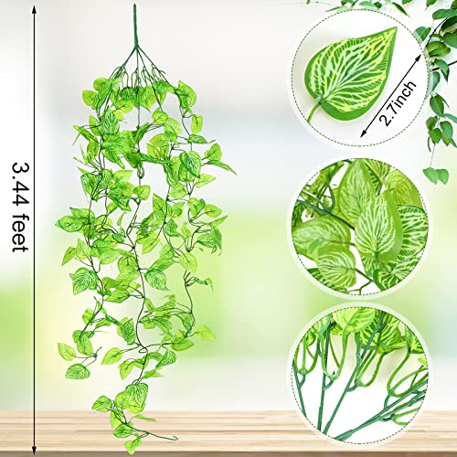 Hoteam 12 Pcs Artificial Hanging Plants 32 Inch Fake Ivy Vines with Fake Leaves Patio Artificial Plants Greenery for Living Room Indoor Outdoor Wall, No Basket (Marble Queen Pothos) - color: Marble Queen Pothos