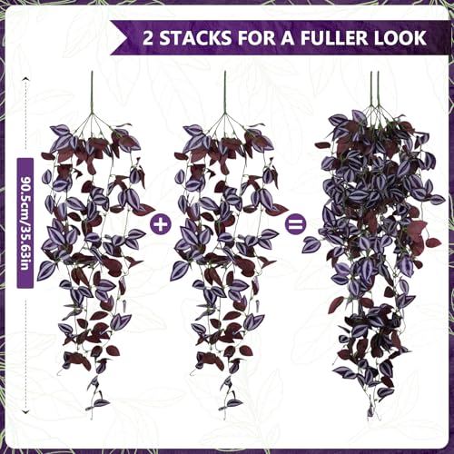 2-Pack Fake Hanging Plants, Faux Hanging Plant Artificial Greenery for Living Room Bedroom Boho Wall Shelf Indoor Outdoor Decor (Purple-Eyed Hairy Leaf) - color: Purple-eyed Hairy Leaf
