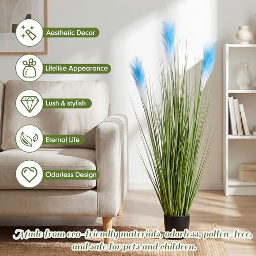 Jexine 2 Pcs 4 ft Artificial Tall Grass Plants for Outdoor Faux Tall Grasses Plant with Reed Flowers Potted Fake Greenery Plants for Housewarming Gift House Garden Lobby Outdoor Decoration (Blue) - color: Blue