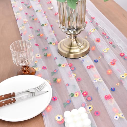 Joanlody 6pcs Ivory Embroidery Daisy Spring Summer Table Runner Florals Seasonal Tulle Table Runner for Home Garden Tea Party Holiday Birthday Decoration - color: Ivory, size: 10ft x 6pack